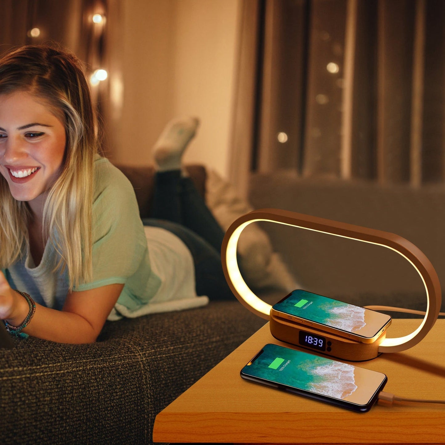 1 Set Bedside Table Lamp Touch Control Lamp With Clock Wireless