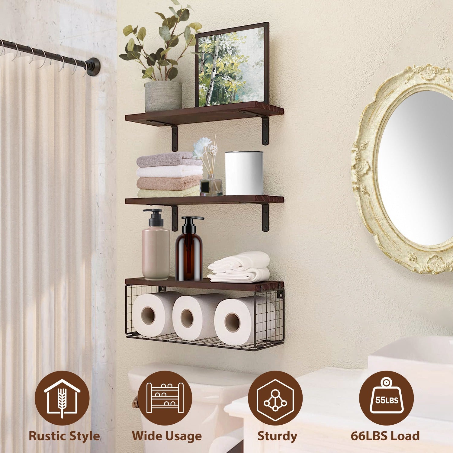 2 In 1 Floating Shelves Wall Mounted With Storage Basket Bathroom