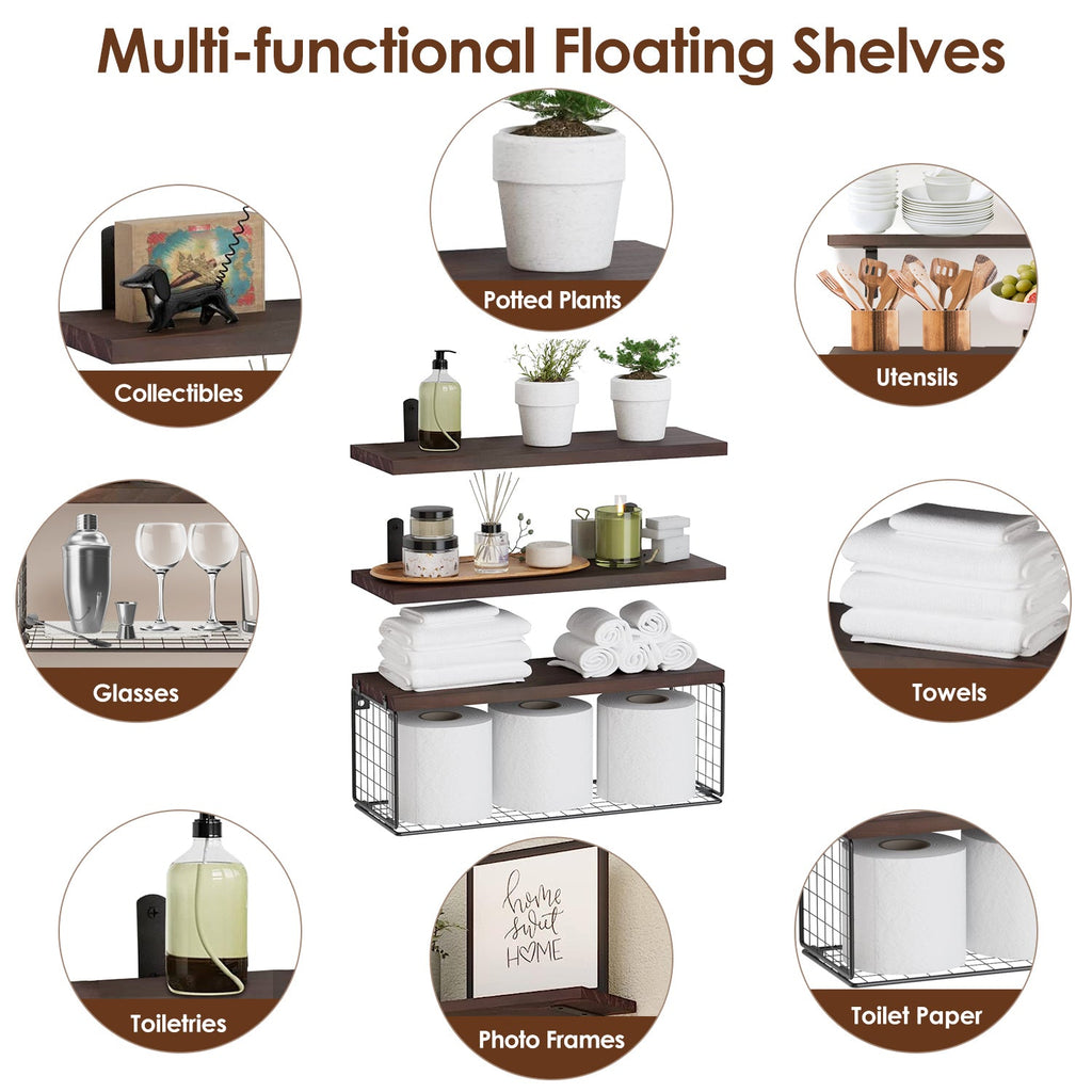 2 In 1 Floating Shelves Wall Mounted With Storage Basket Bathroom