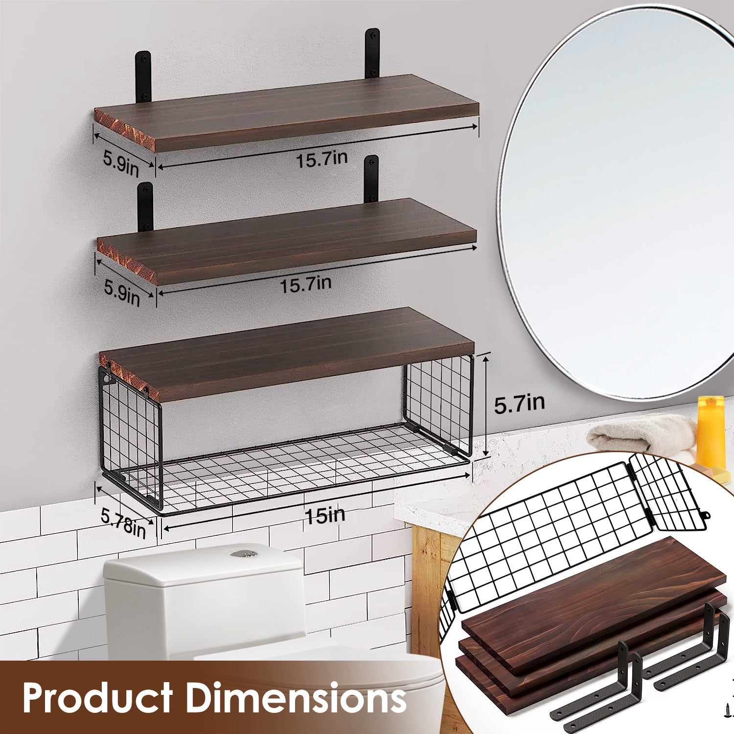 2 In 1 Floating Shelves Wall Mounted With Storage Basket Bathroom