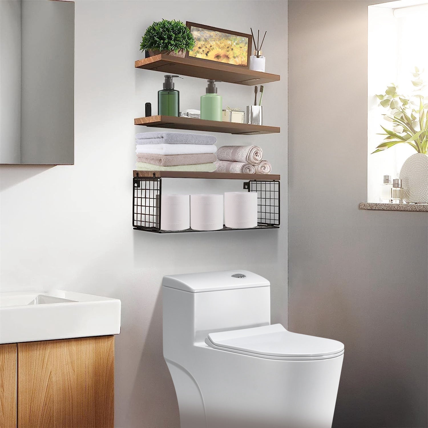 2 In 1 Floating Shelves Wall Mounted With Storage Basket Bathroom